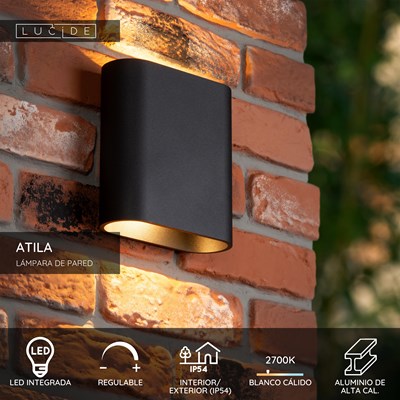 Lucide ATILA - Lámpara de pared Dentro/Fuera - LED Regul. - 2x5W 2700K - IP54 - Negro